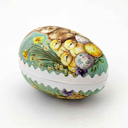 3-1/2" Aqua Bunny with Chicks Papier Mache Easter Egg Container ~ Germany